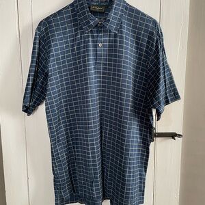 Bobby Jones Navy windowpane Checkered Two Button Polo Shirt. Size L 100% Cotton